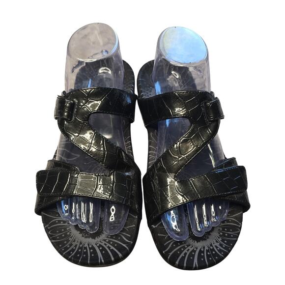 Vionic Shoes Womens Size 8 Black Sandals Strappy Croc Embossed Comfort Orthotic - Picture 1 of 9